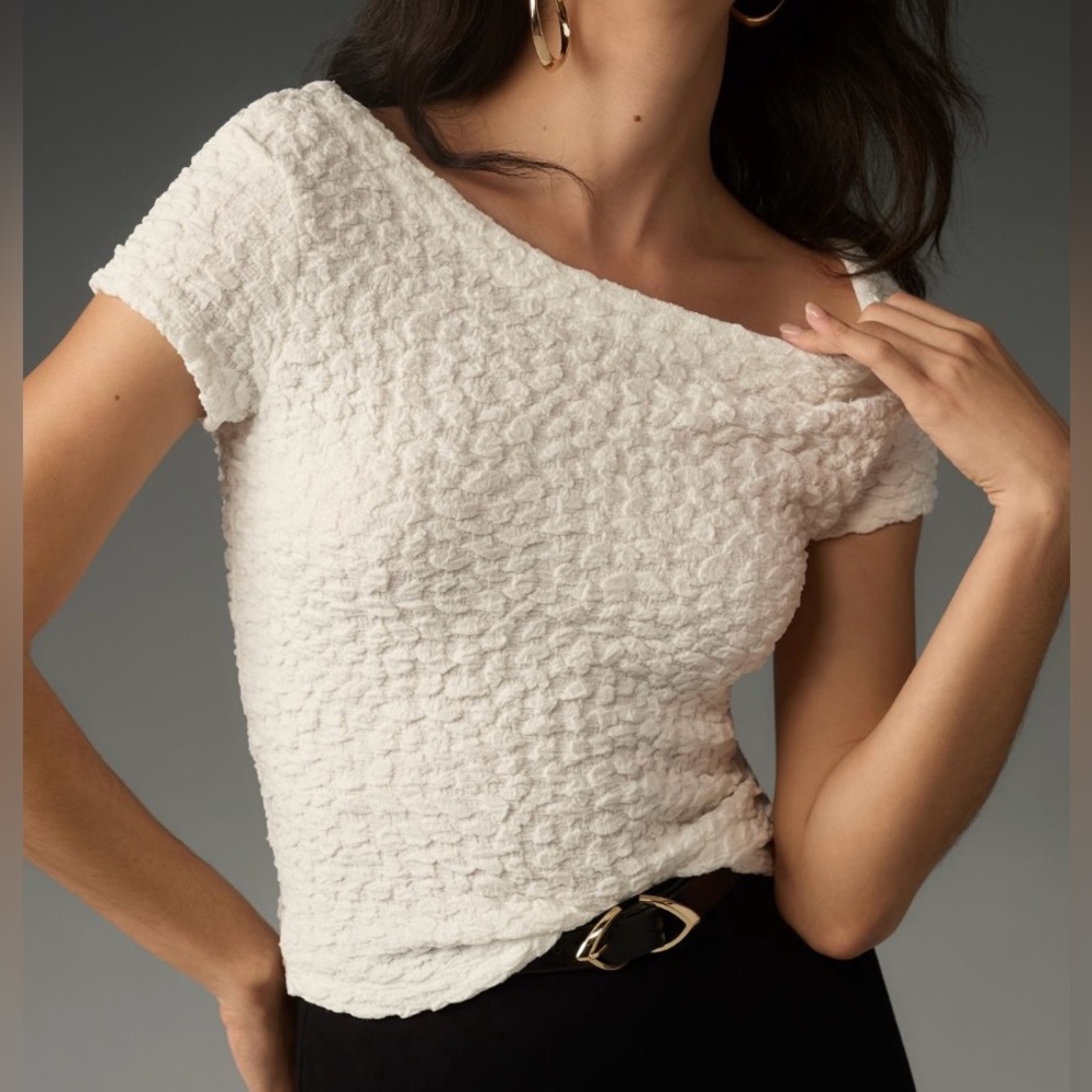 Maeve White Textured Cap Shoulder Short Sleeve Top